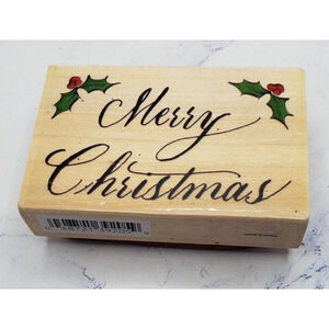 Merry Christmas With Holly Berry Leaves Sugarloaf Wood Mounted Rubber Stamp